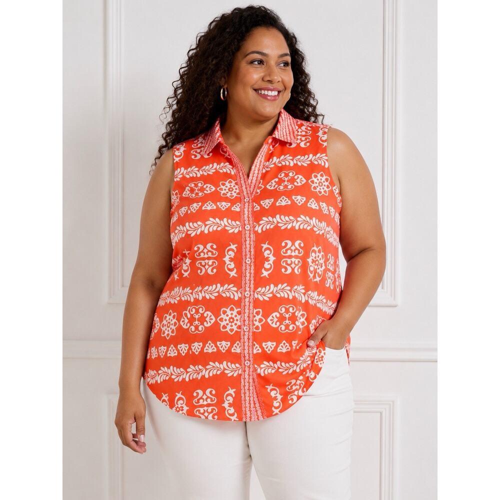 Talbots No-Iron Orange Floral Sleeveless Button Front Shirt Womens Plus 20WP